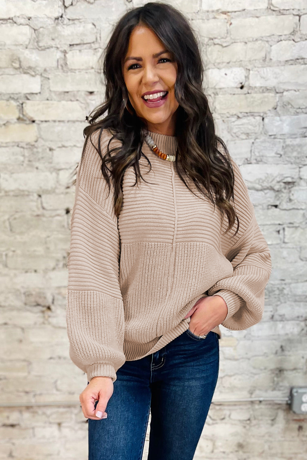 Parchment Mixed Texture Patchwork Knitted Lantern Sleeve Sweater