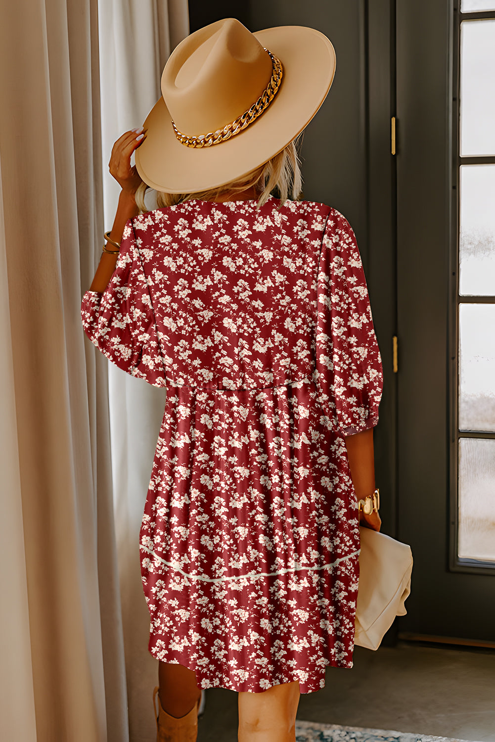Red Floral Print Contrast Trim Button Tie Neck Swing Dress