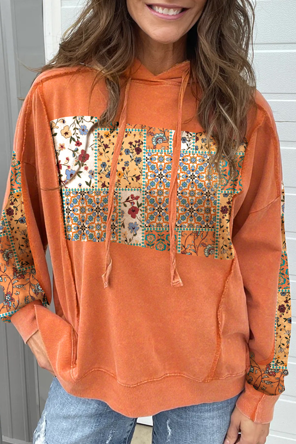 Flamingo Mix Floral Patchwork Side Slit Drawstring Hoodie