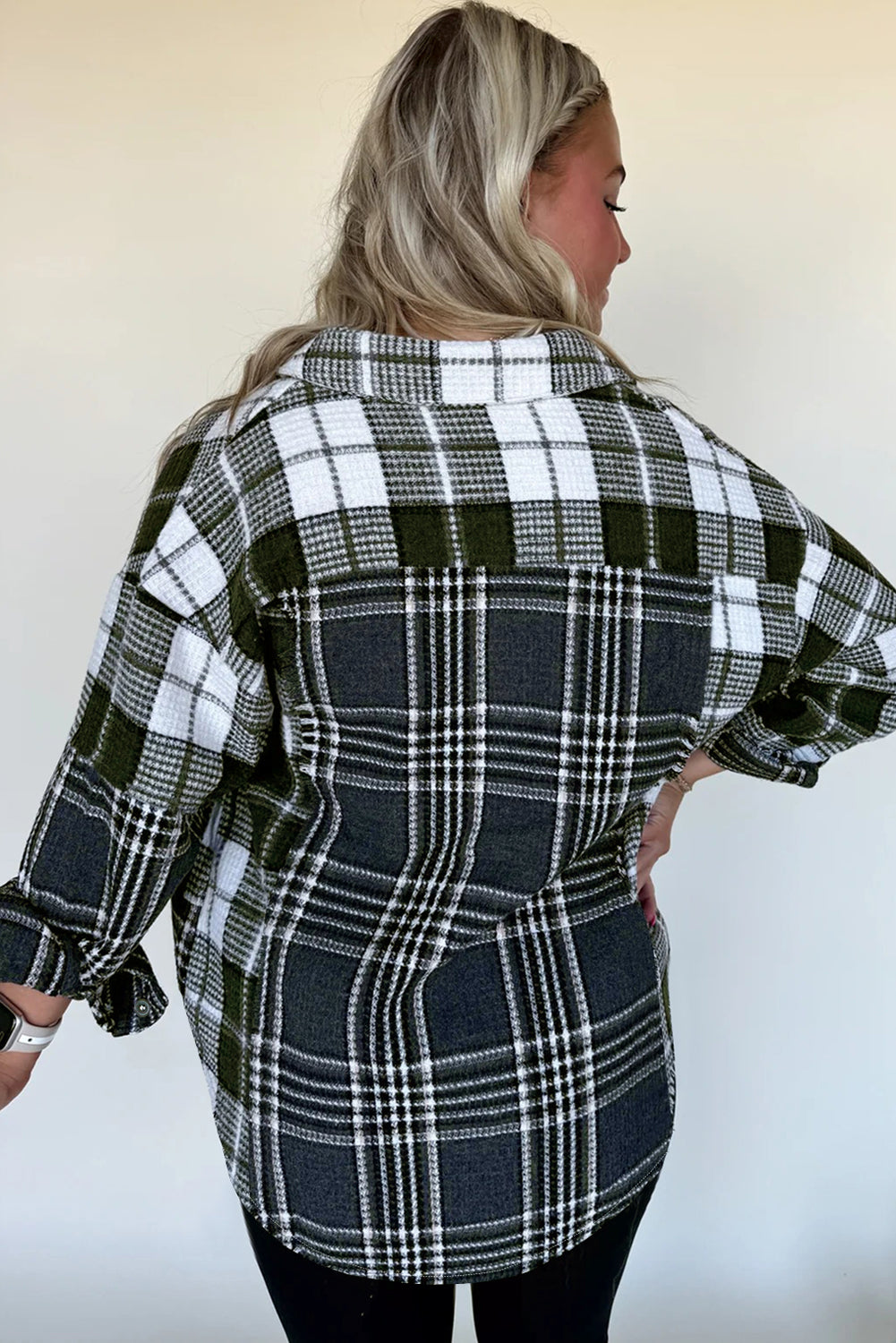 Black Plaid Print Textured Knit Buttoned Shacket