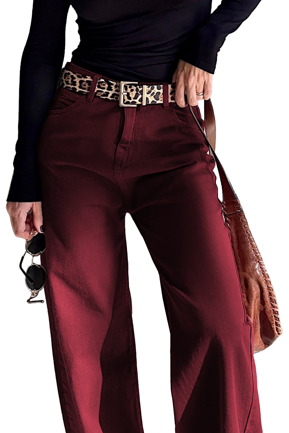 Jean taille haute ample et droit couleur unie Dahlia rouge