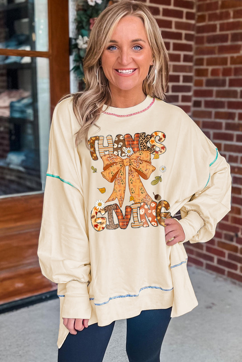 White THANKSGIVING Ribbon Bow Heat Transfer Printing Contrast Trim Baggy Sweatshirt