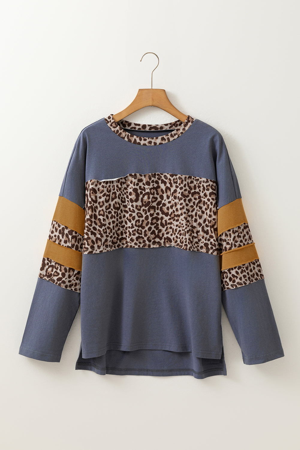 Dark Blue Leopard Colorblock Patchwork Drop Shoulder Top
