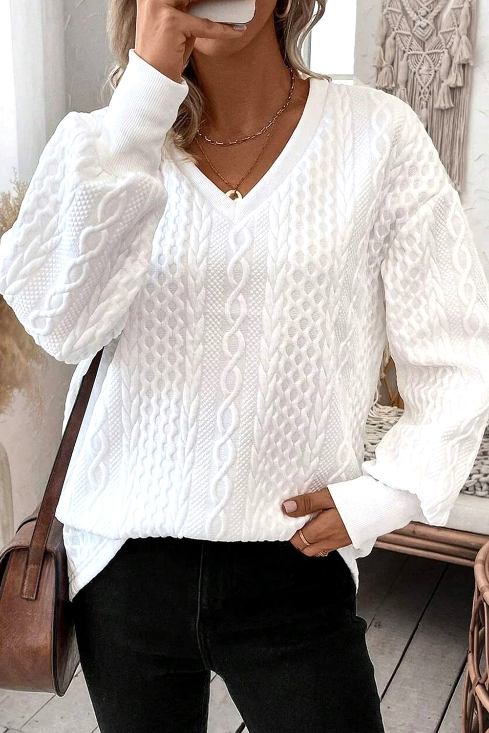 White Plain V-Neck Oversized Long Sleeve Textured Top