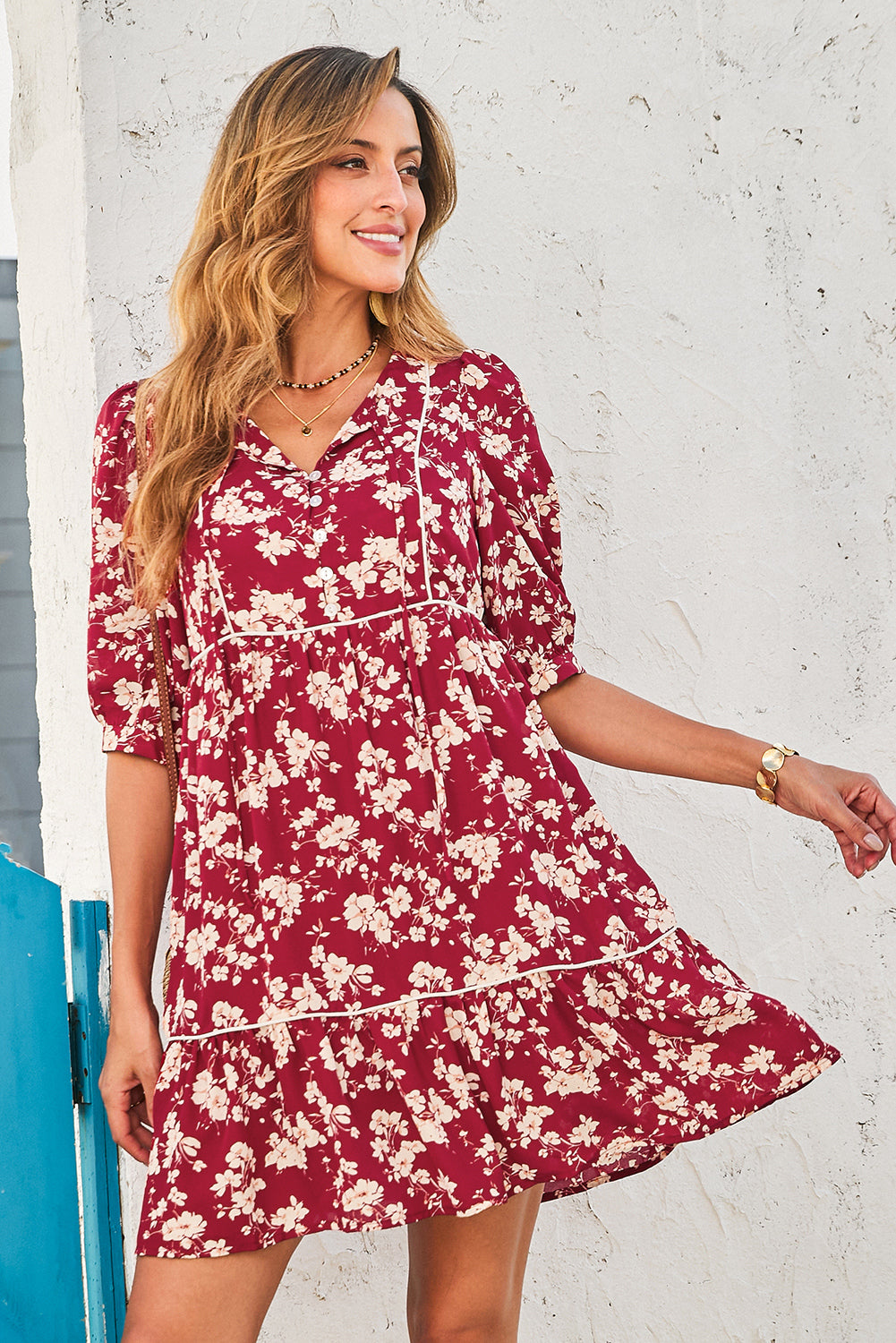 Red Floral Print Contrast Trim Button Tie Neck Swing Dress