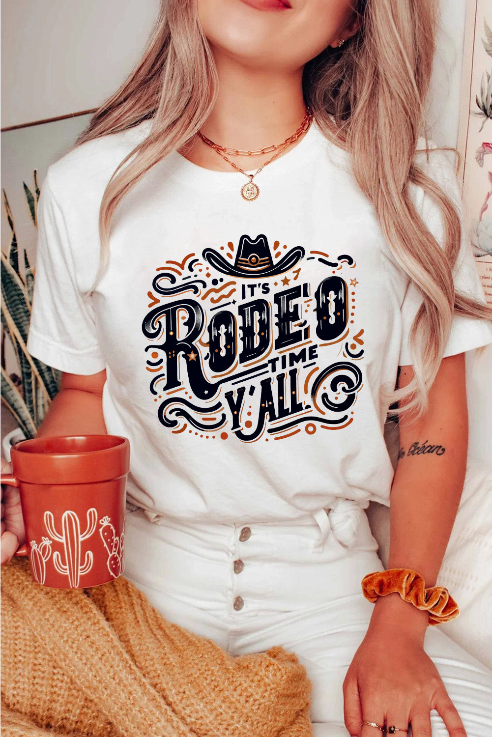 White IT'S RODEO TIME YALL Crewneck Graphic T Shirt