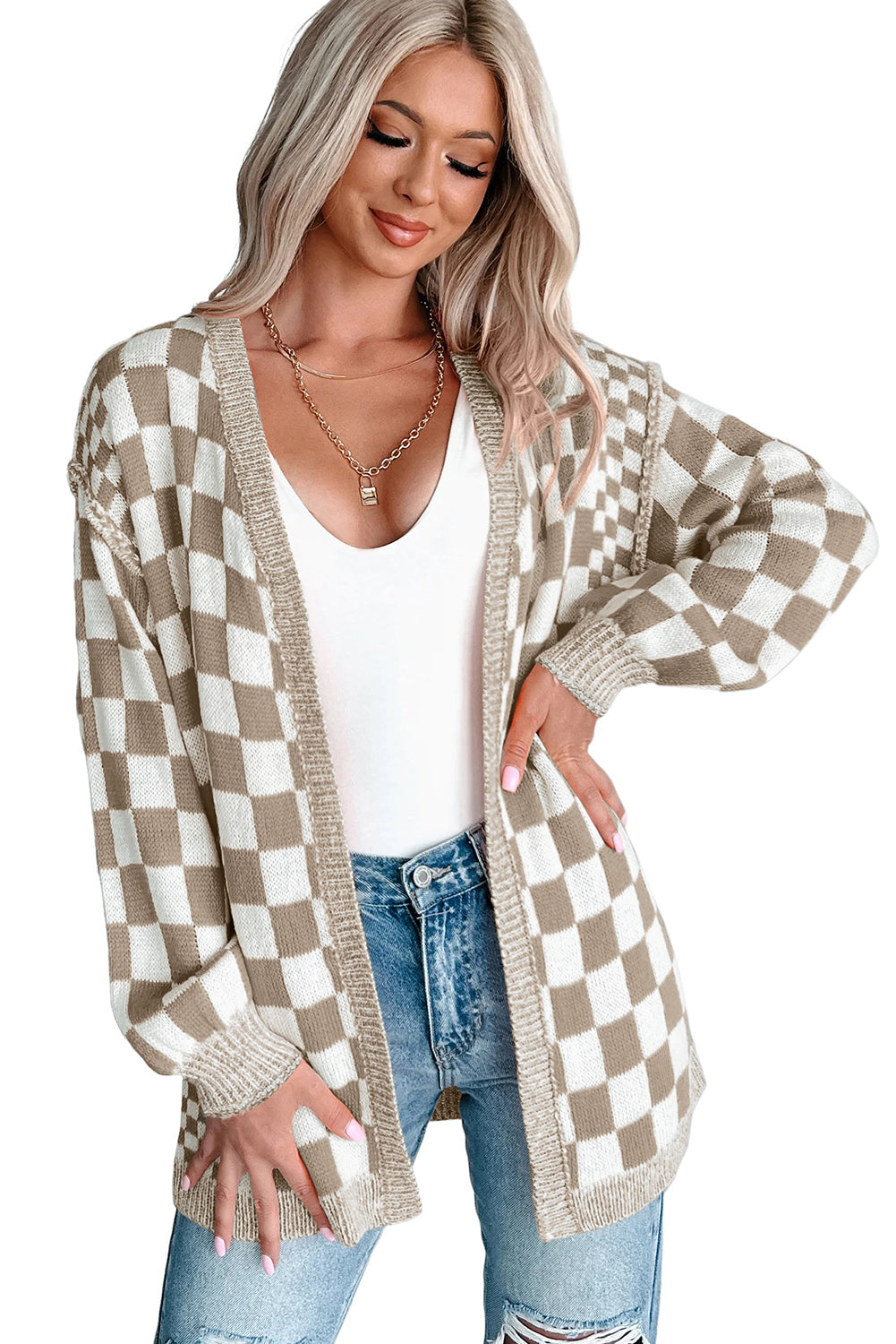 Brown Checkered Open Front Drop Shoulder Cardigan
