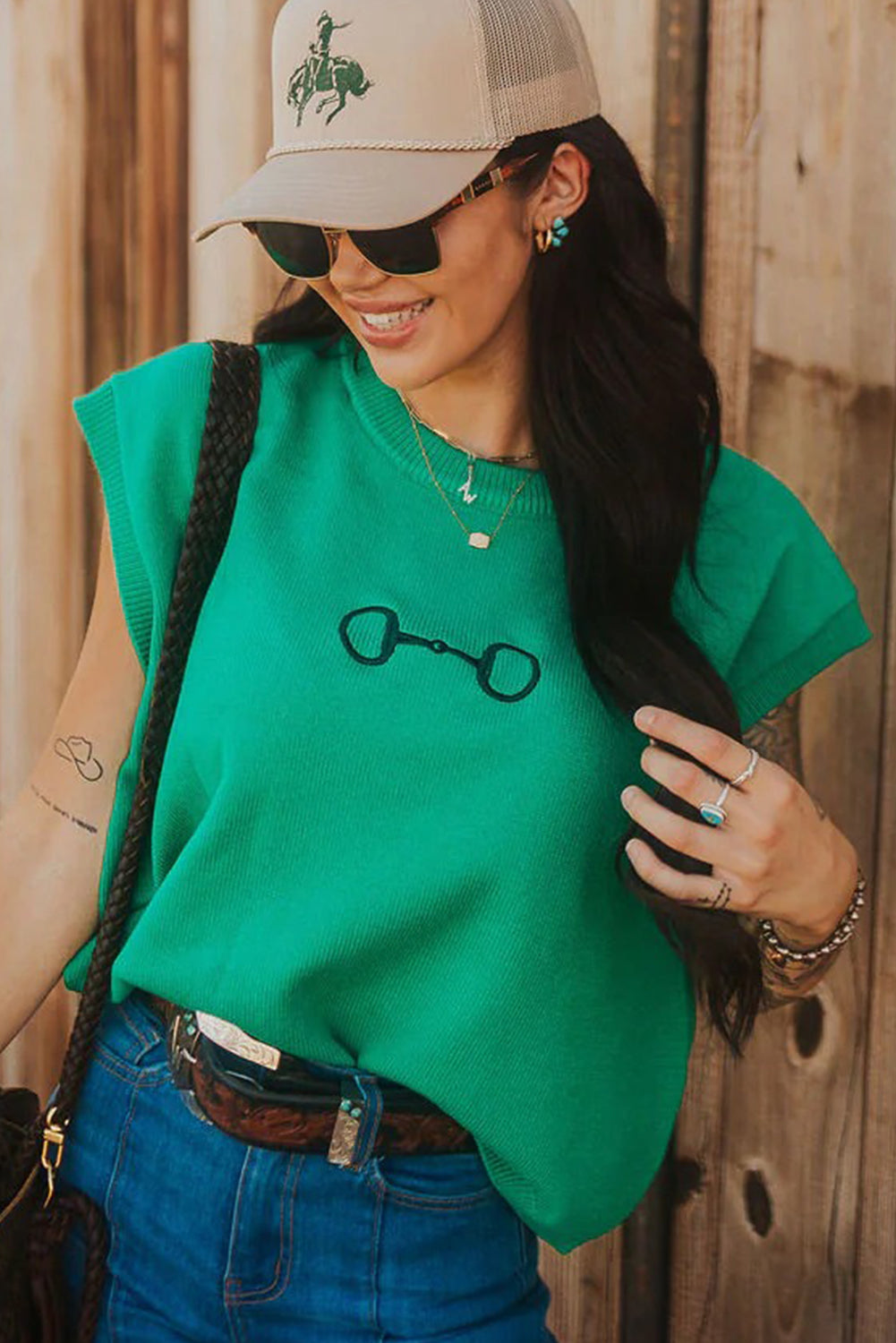 Bright Green Horse Bit Embroidered Short Sleeve Sweater