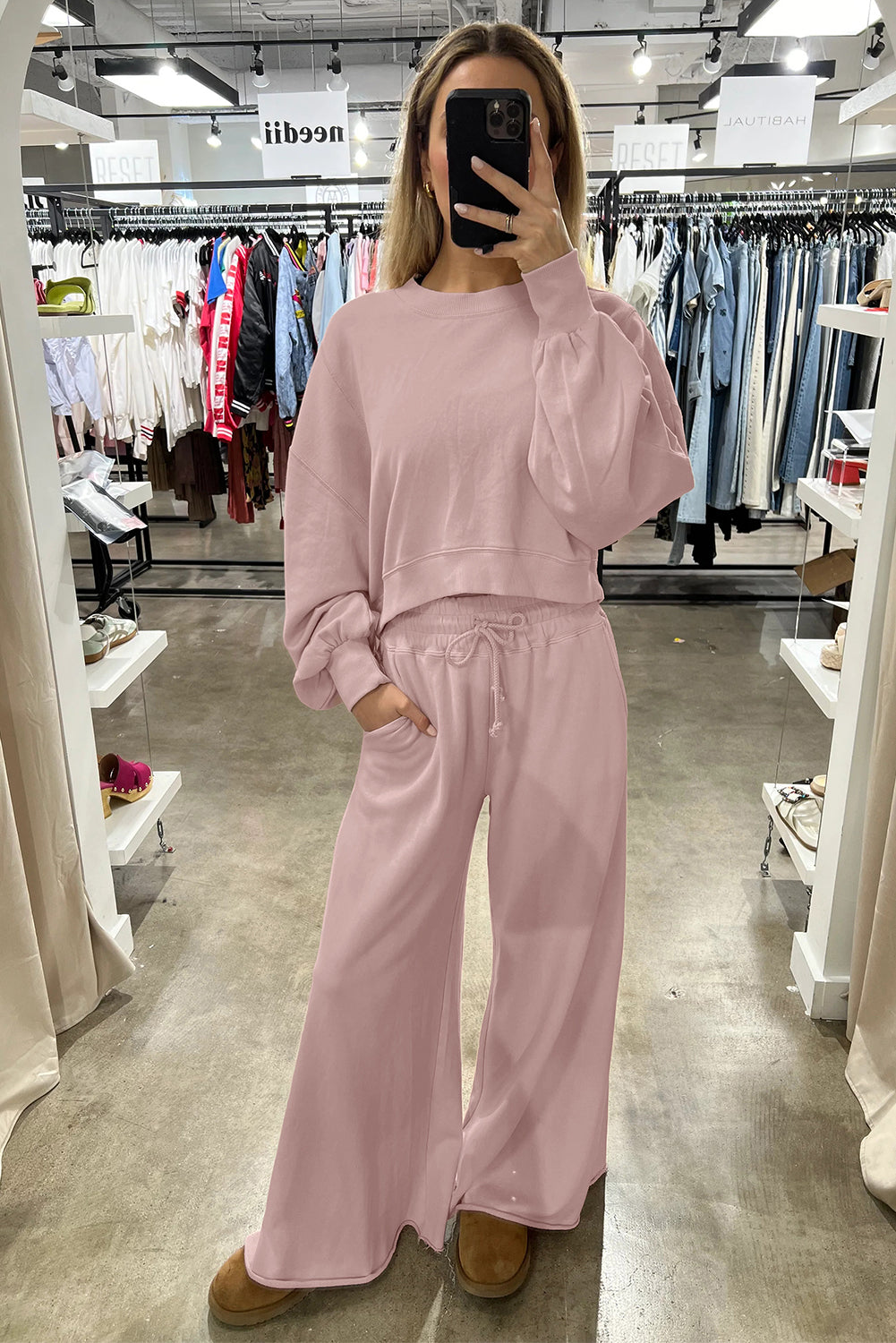 Light Pink Drop Shoulder Crop Pullover Drawstring Wide Leg Pants Set