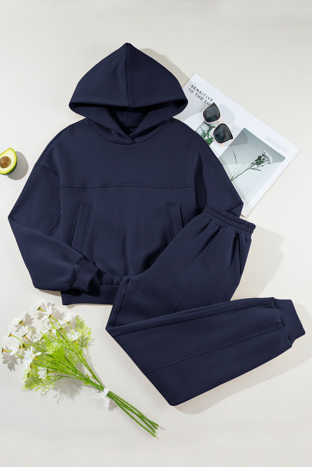 Navy Blue Solid Exposed Seams Hoodie and Joggers Activewear Set