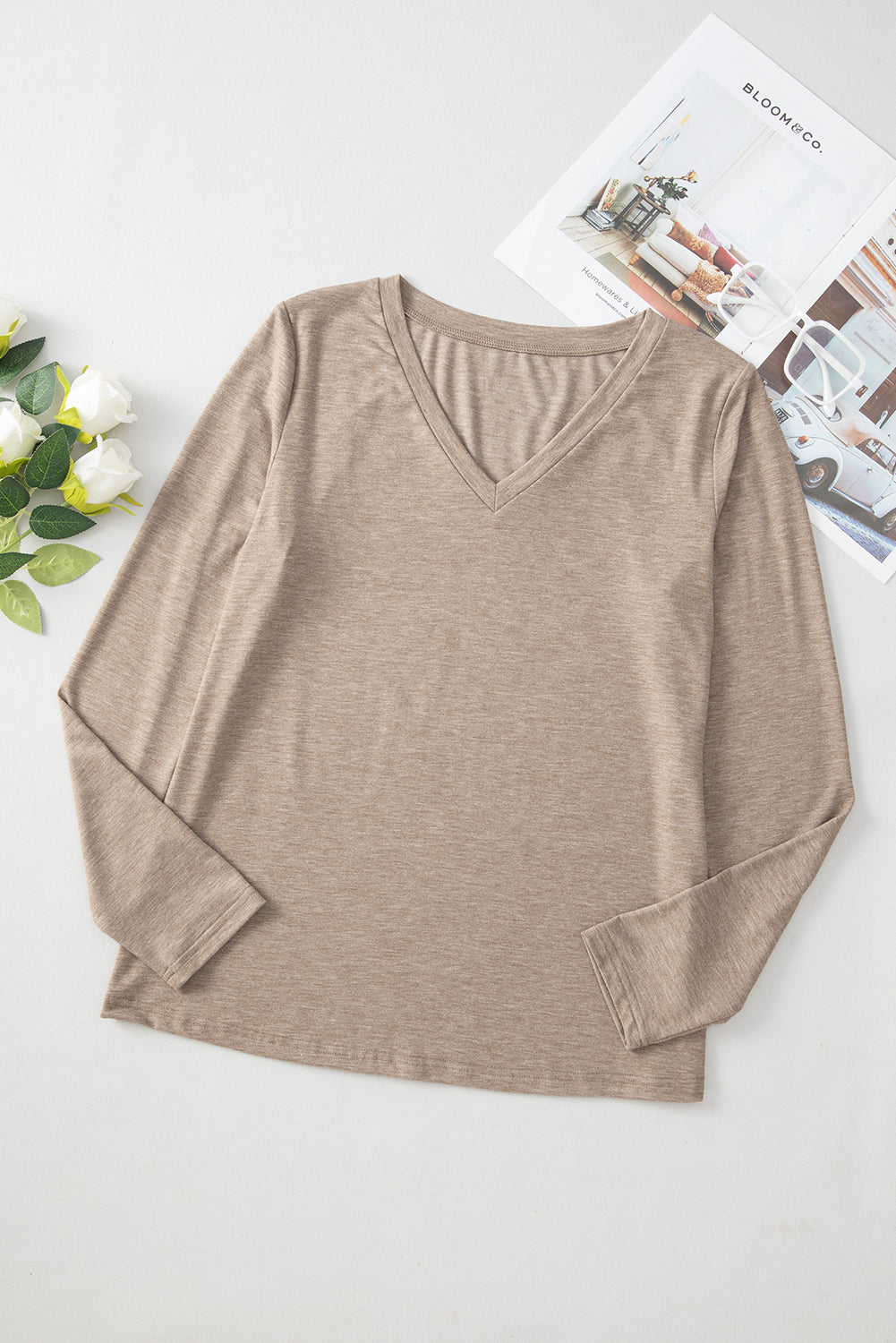 Smoke Gray Plain V Neck Long Sleeve Top