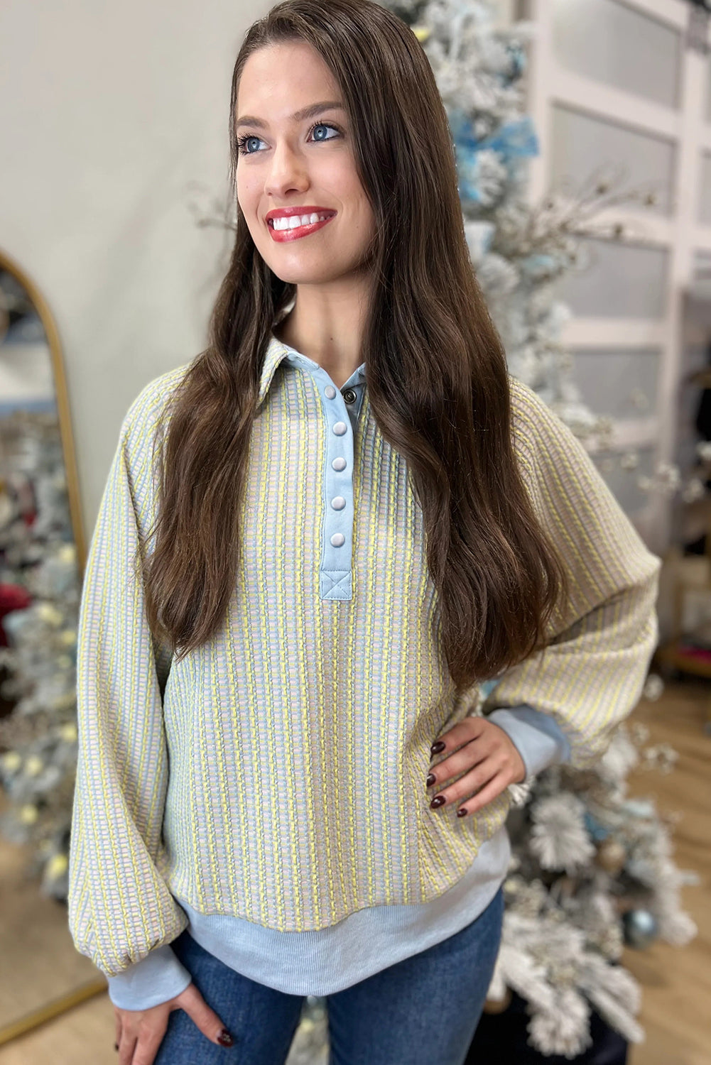 Beau Blue Striped Henley Collar Textured Sweatshirt