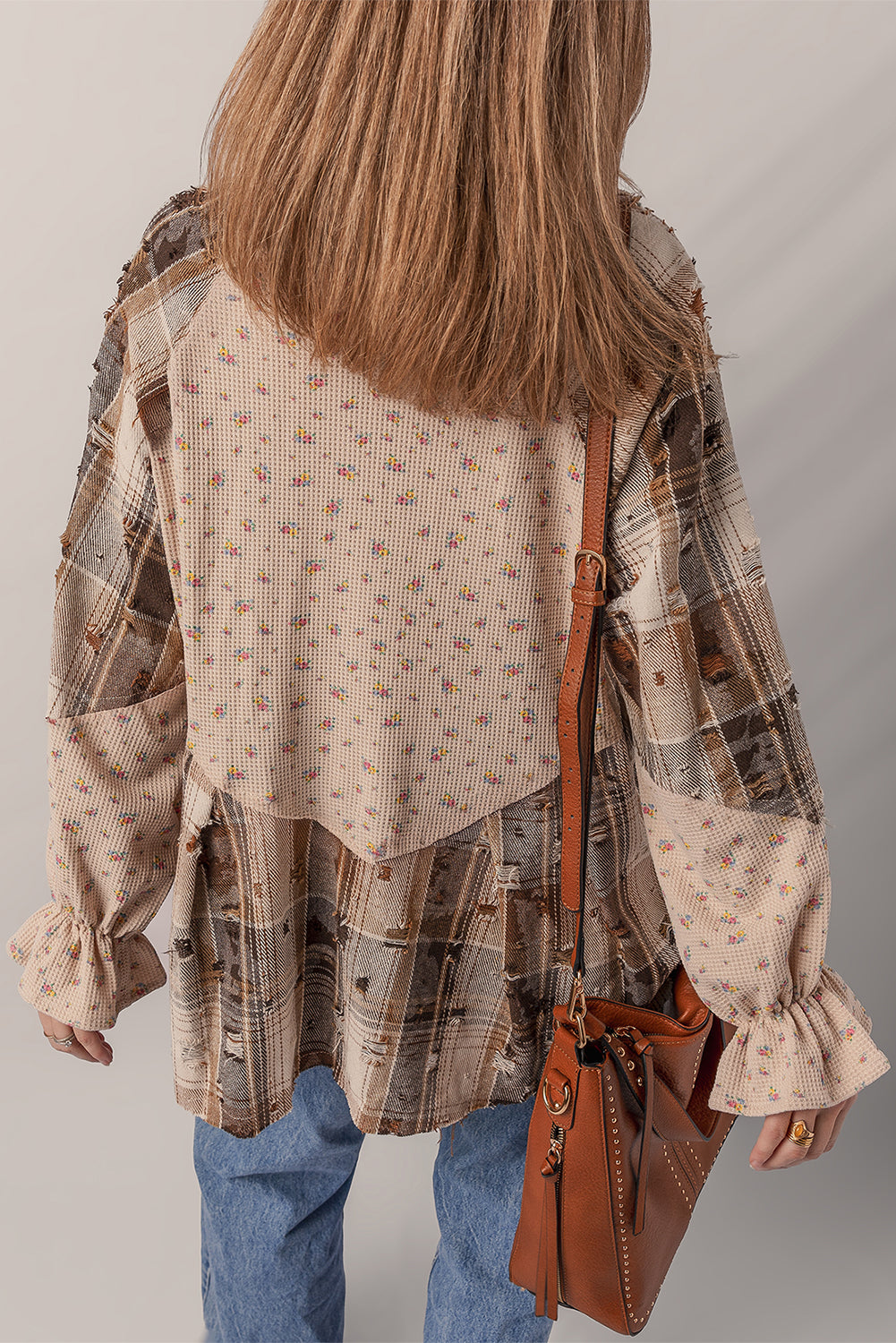 Oatmeal Boho Floral Plaid Patchwork Waffle Knit Distressed Jacket