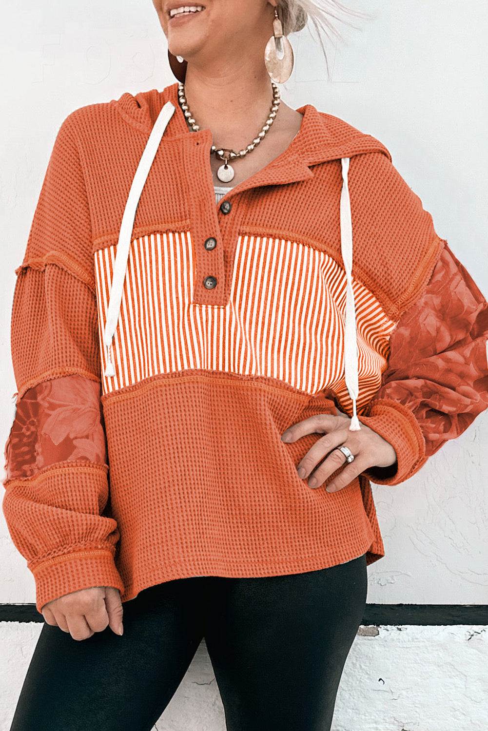 White Waffle Printed Patchwork Drawstring Hooded Long Sleeve Top