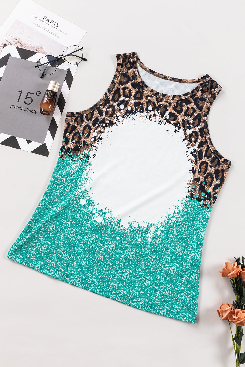 Light Blue Bleached Leopard Tie-dye Print Tank Top