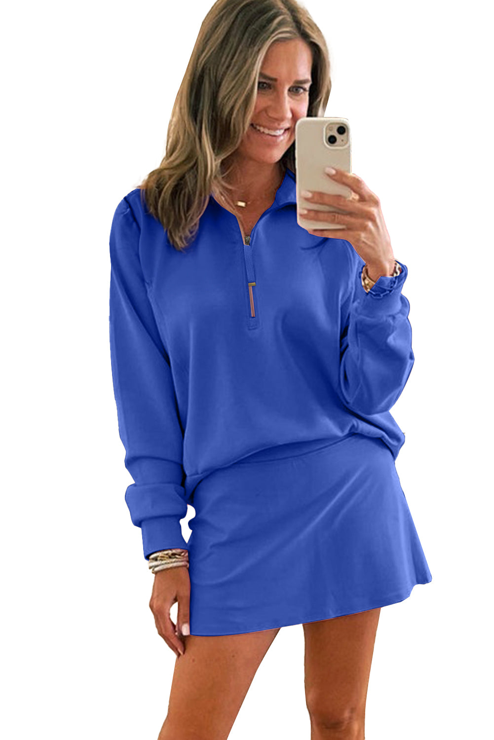 Ensemble 2 pièces : pull-short et mini-jupe sport bleu foncé à demi-zip