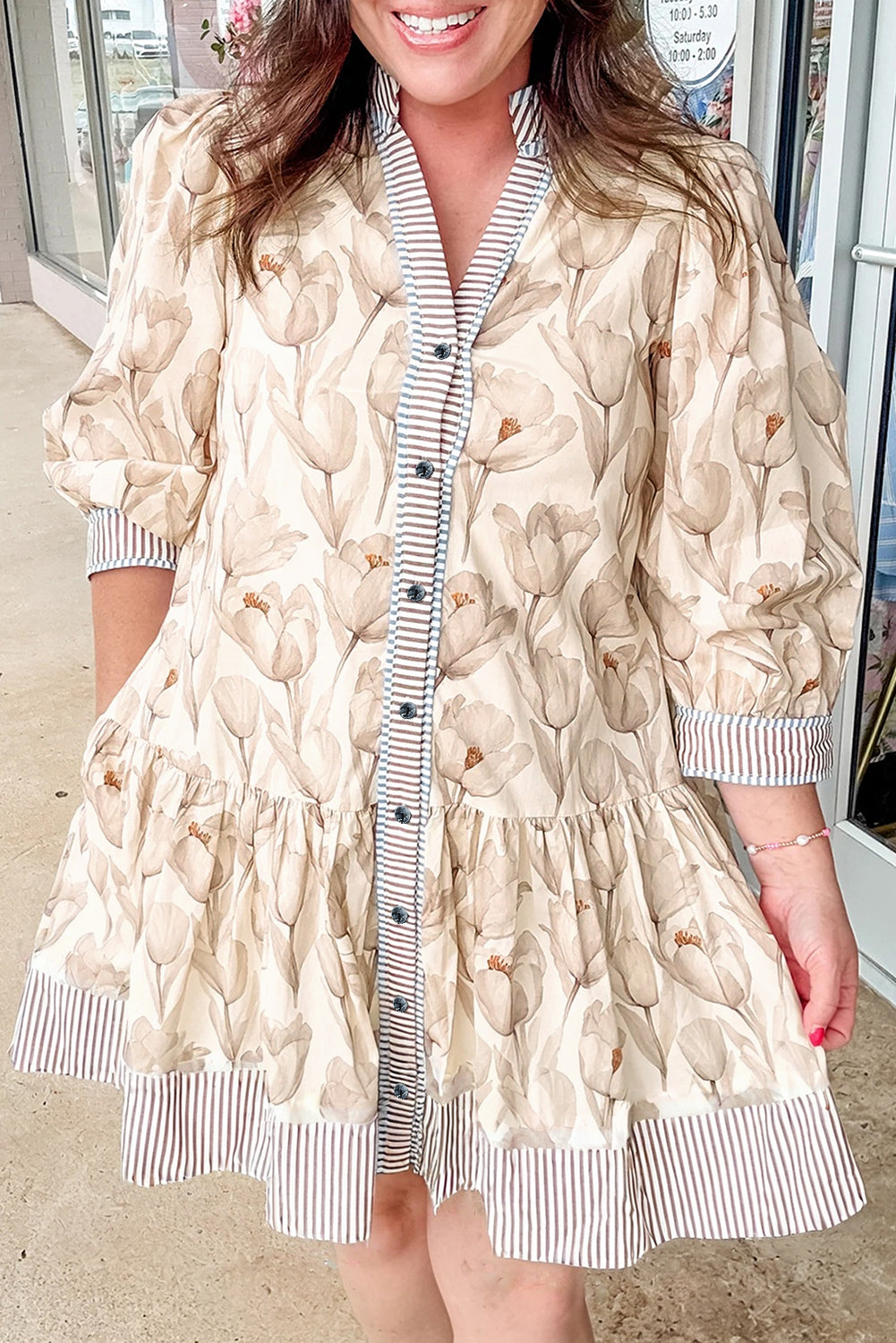 Khaki Plus Size Floral Print Striped Trim Patchwork Button Down A-line Dress