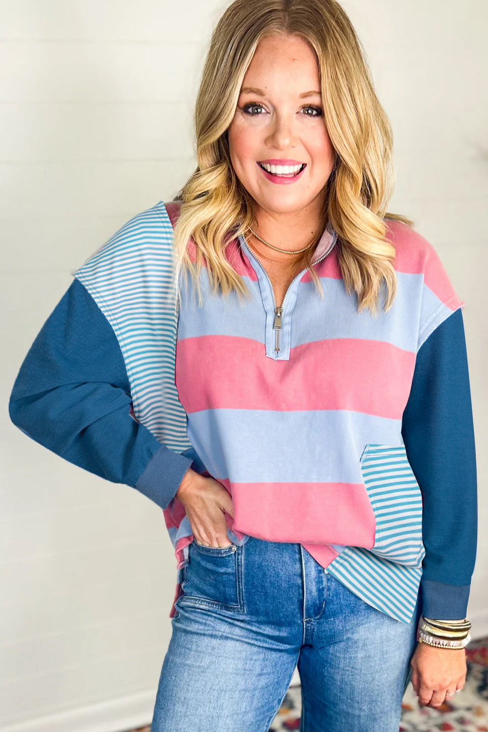 Blue Stripe Colorblock Patchwork Zip-up Plus Size Pullover