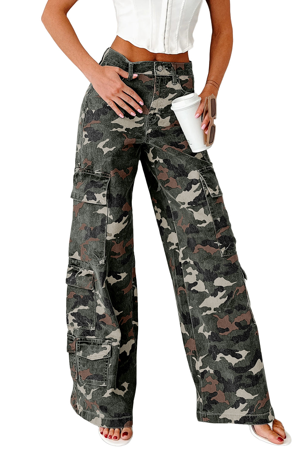 Pantalon cargo large en denim camouflage vert