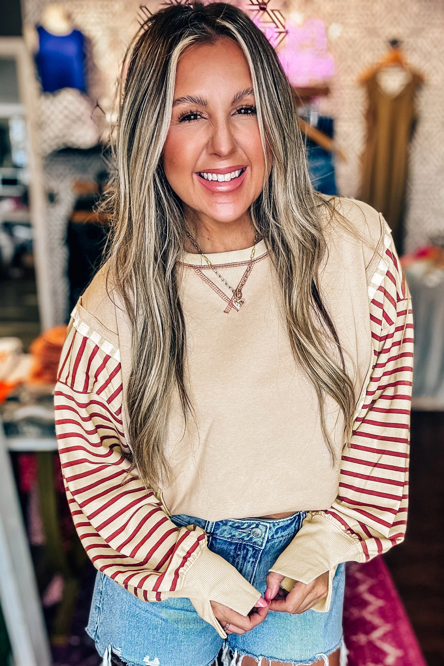 Red Stripe Sleeve Patchwork Casual Knit Top