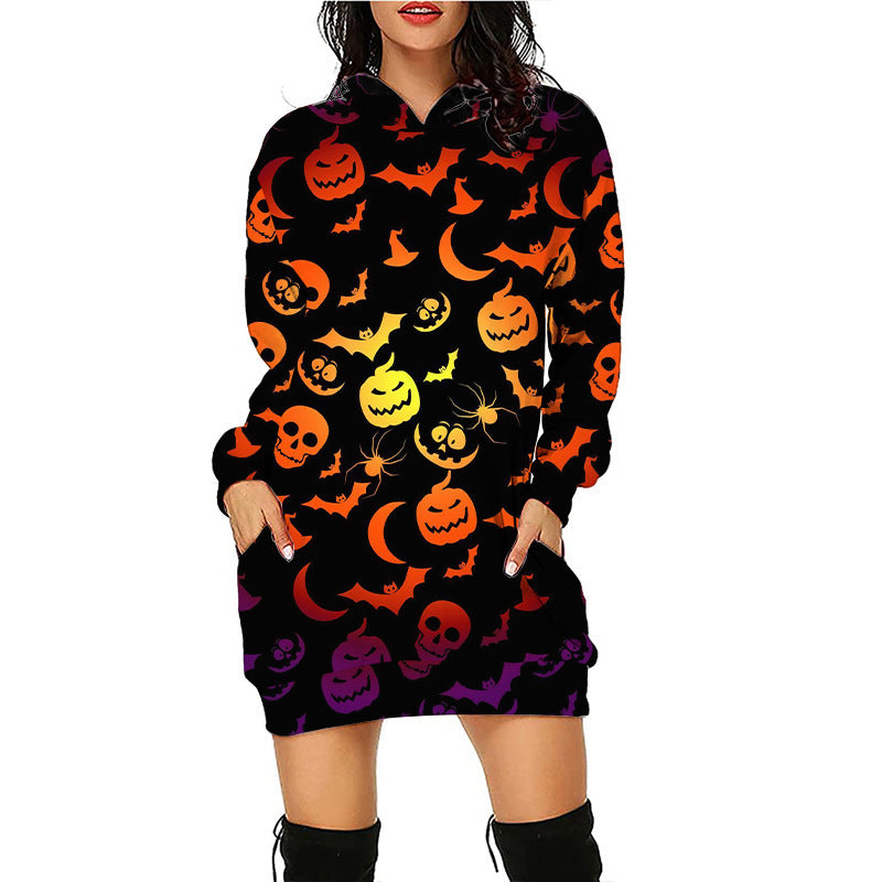 Women Halloween Pumpkin Print Hoodie Dress