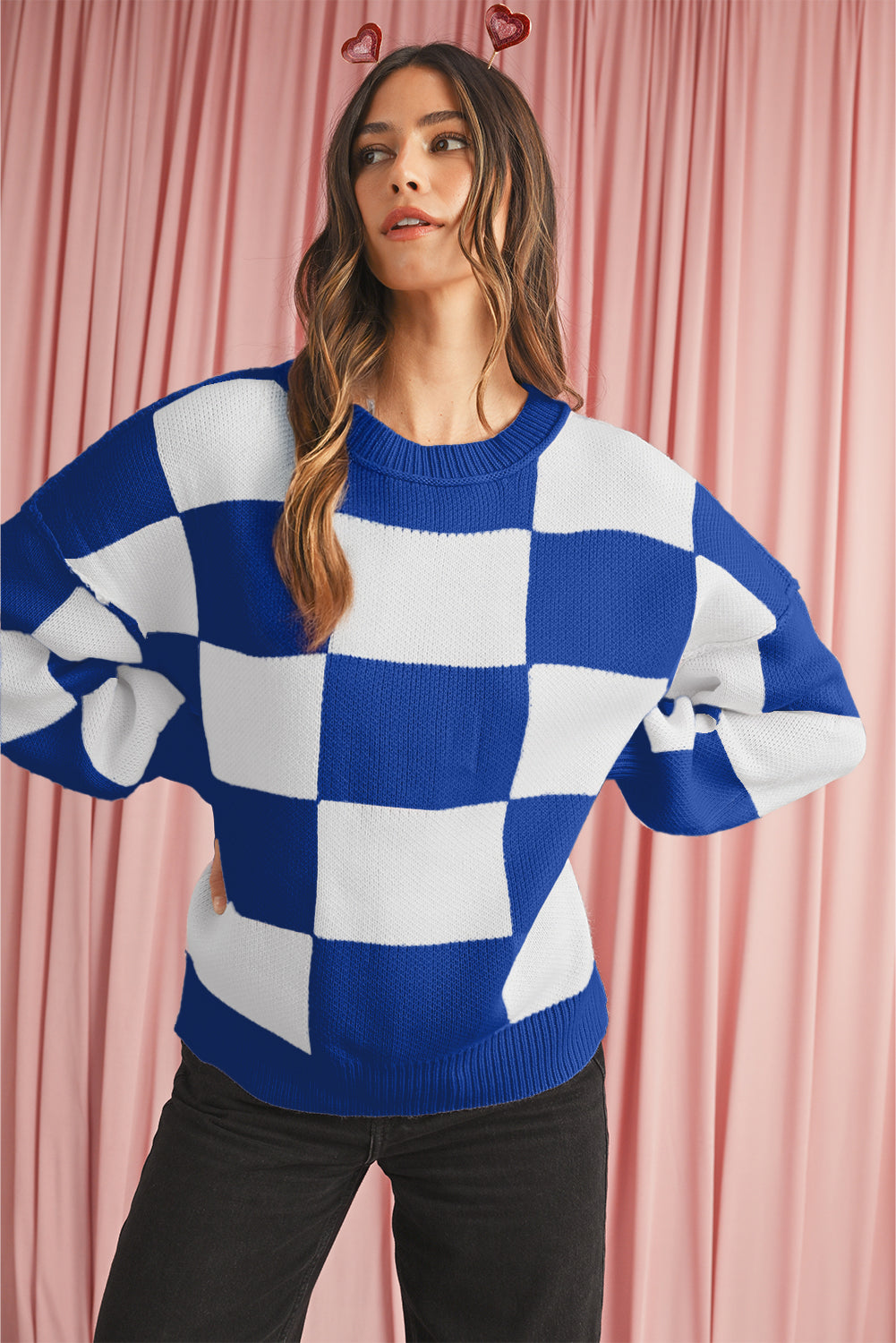 Pull à manches bouffantes à carreaux bleu foncé