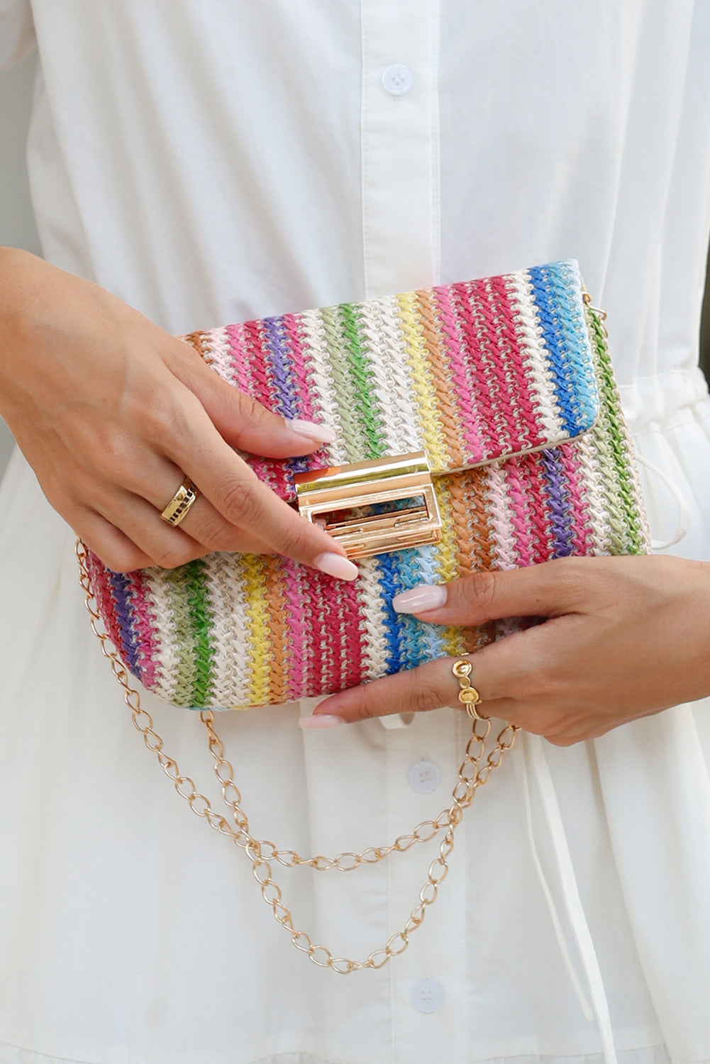 Multicolour Striped Crochet Flapped Single Shoulder Bag