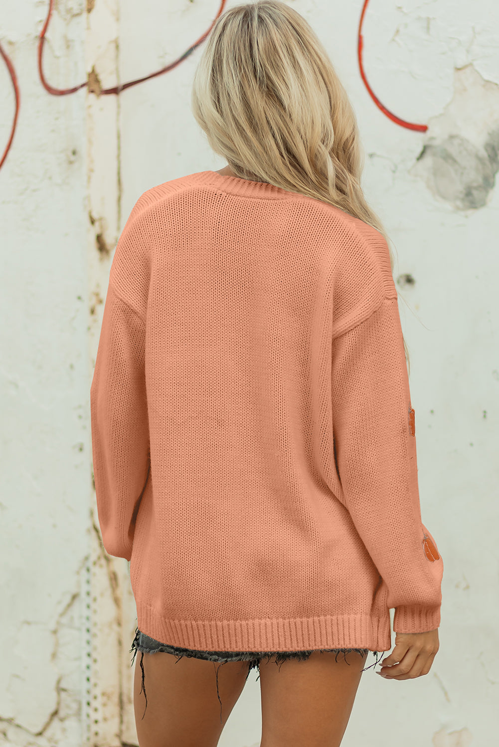 Light Pink Christmas Tree Print Open Front Drop Shoulder Knit Cardigan