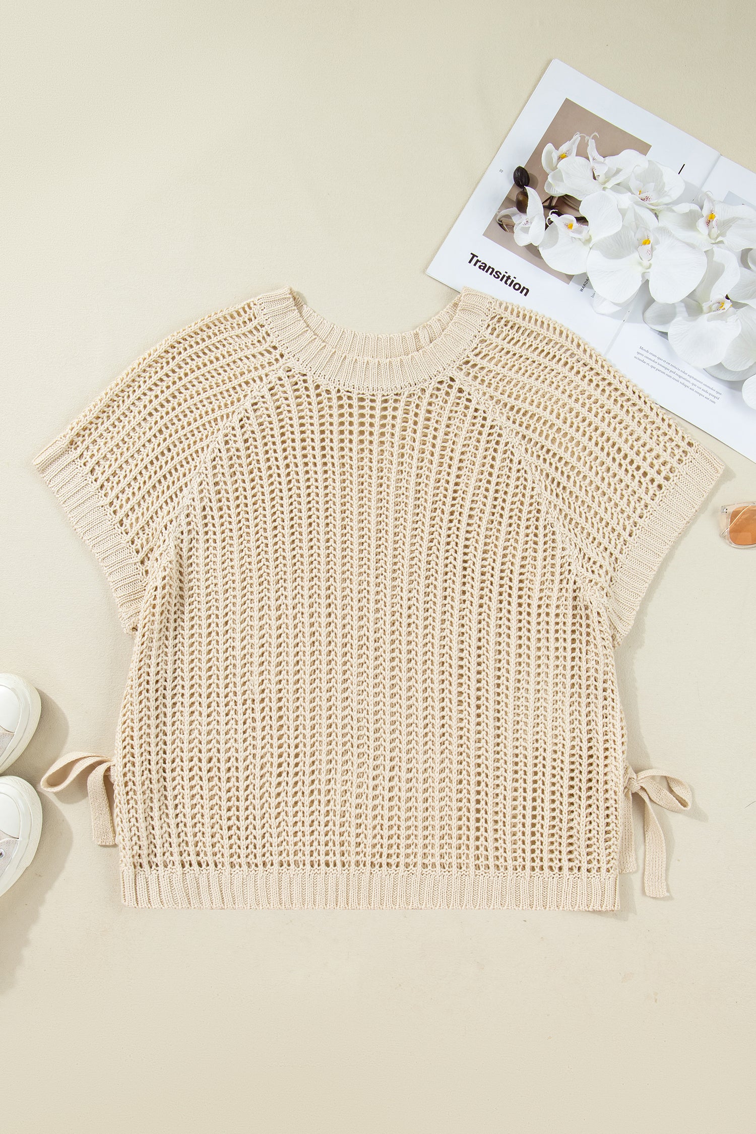 White Plus Size Open Knit Bow Tie Short Sleeve Sweater