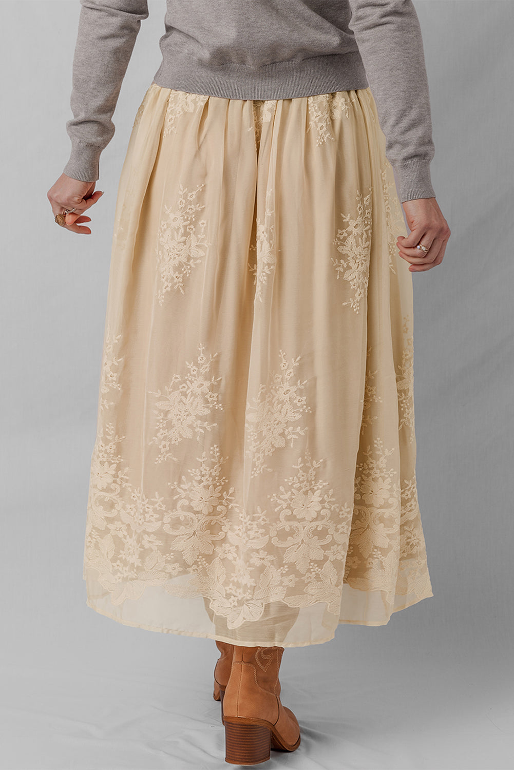 Oatmeal Embroidered Mesh Overlay Flowy Long Skirt