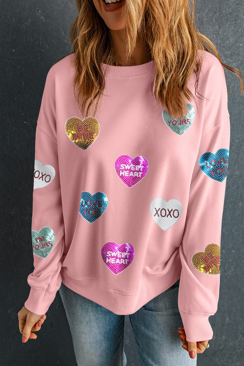 Sudadera con estampado romántico de corazones y lentejuelas rosas para San Valentín