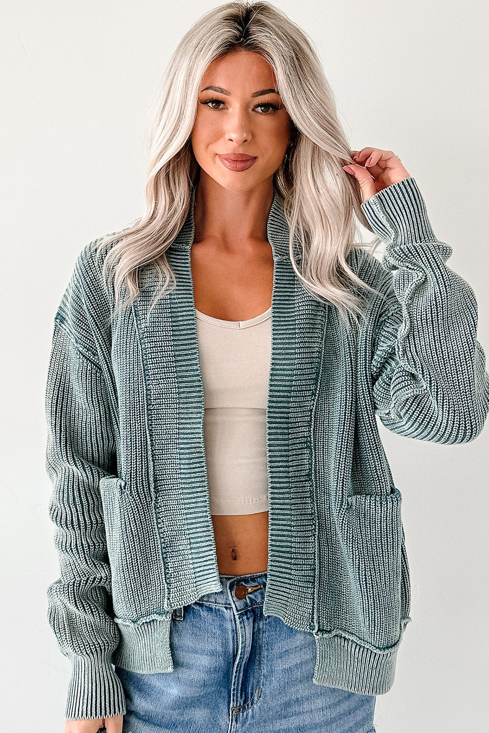 Evergreen Mineral Wash Exposed Seam Patchwork Knit Cardigan