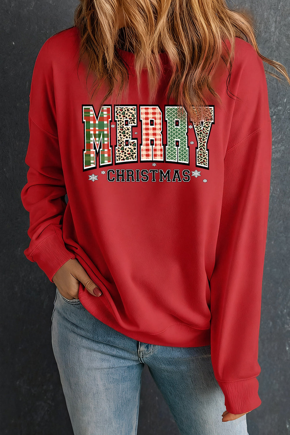 Red MERRY CHRISTMAS Graphic Heat Transfer Printing Holiday Sweatshirt