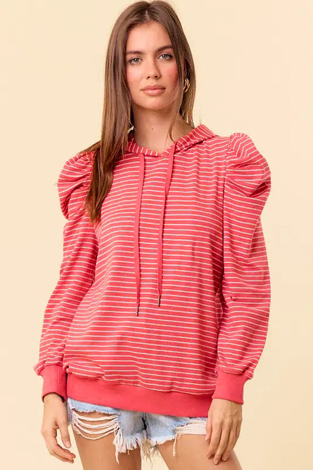 Red Striped Puff Sleeve Drawstring Hoodie