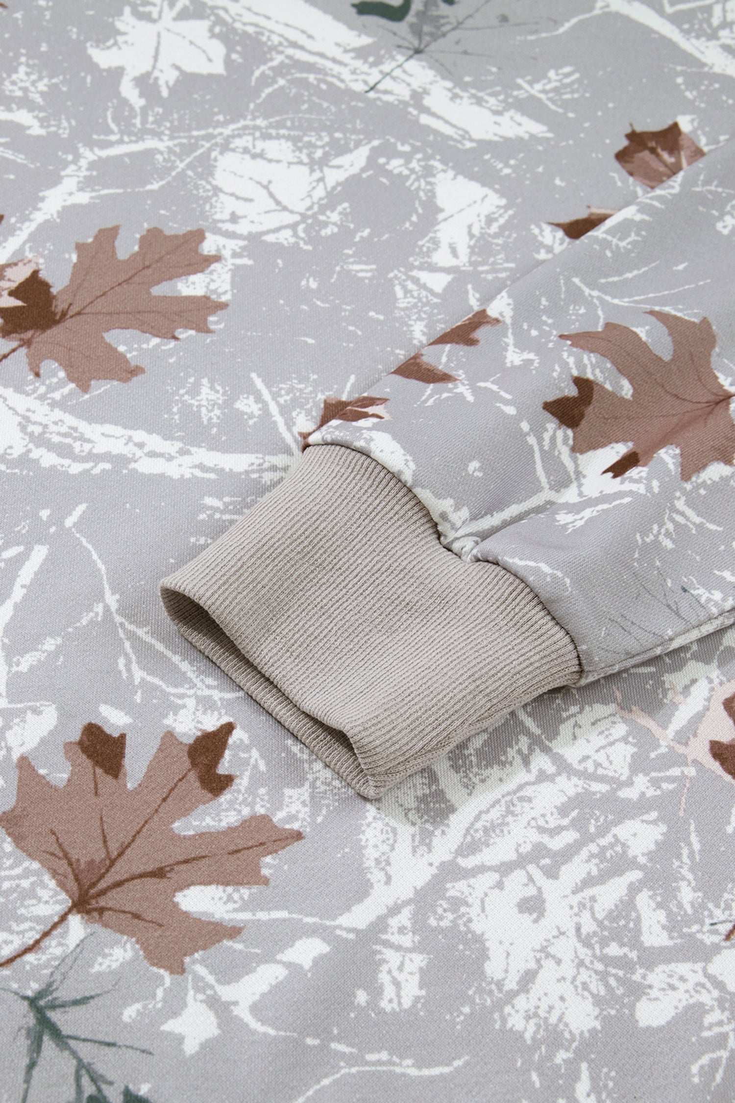 Gray Maple Leaf Camo Print Varsity Striped Sleeve Casual Sweatshirt