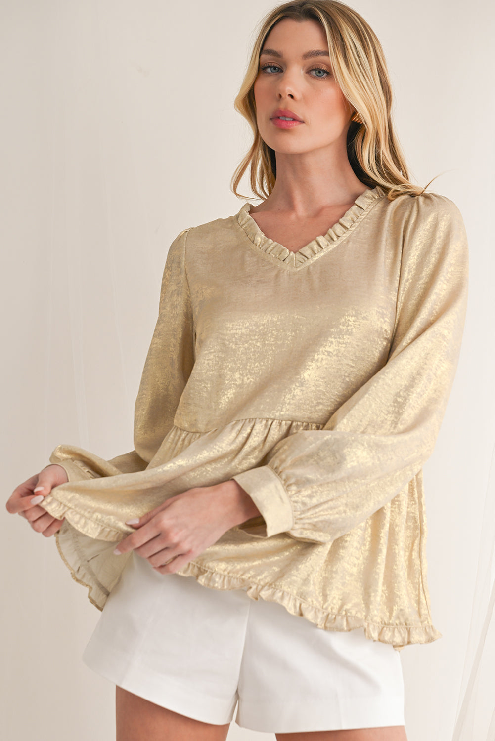 Gold Metallic Velvet Frill V Neck Puff Sleeve Babydoll Blouse