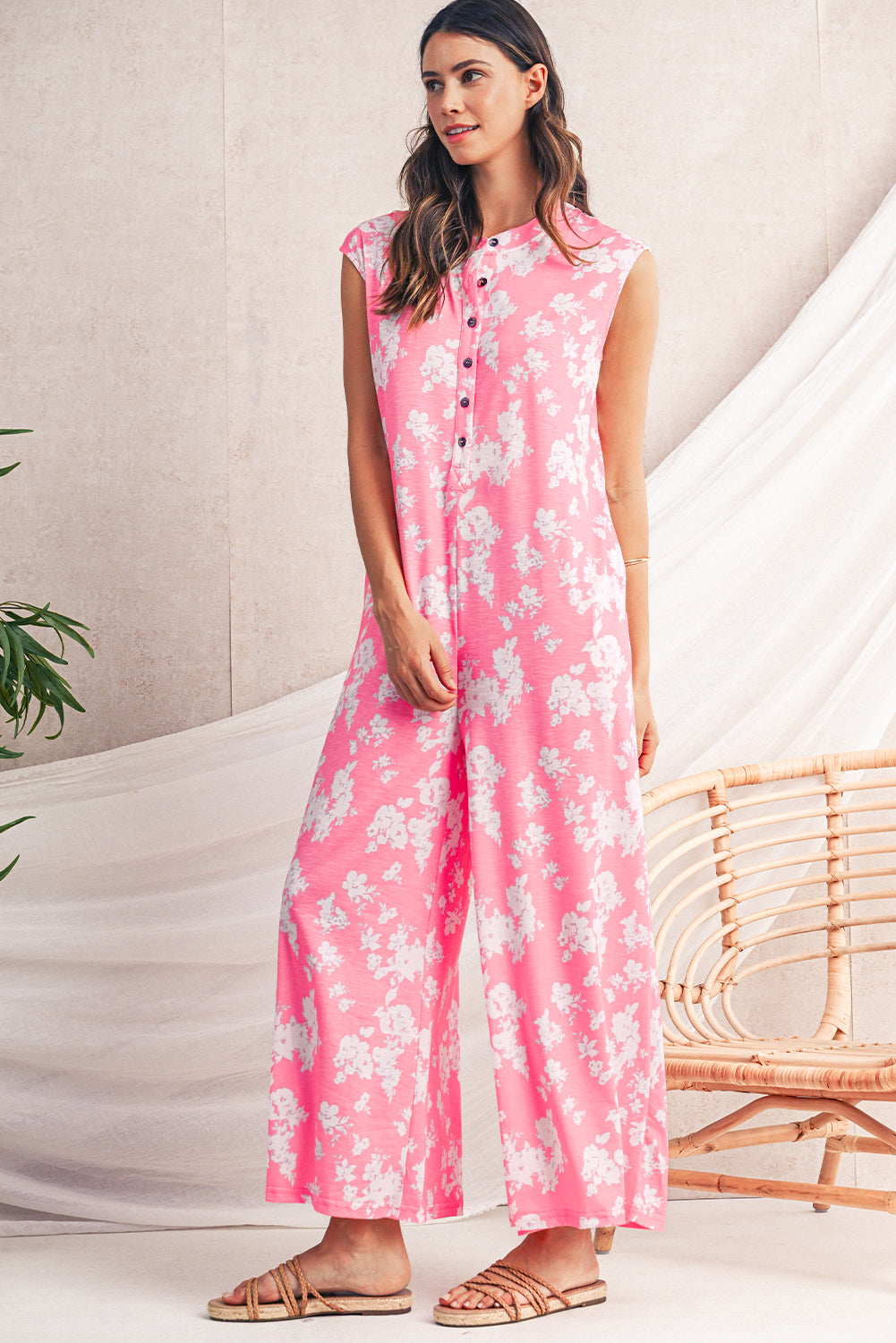 Myosotis Floral Print Sleeveless Wide Leg Jumpsuit