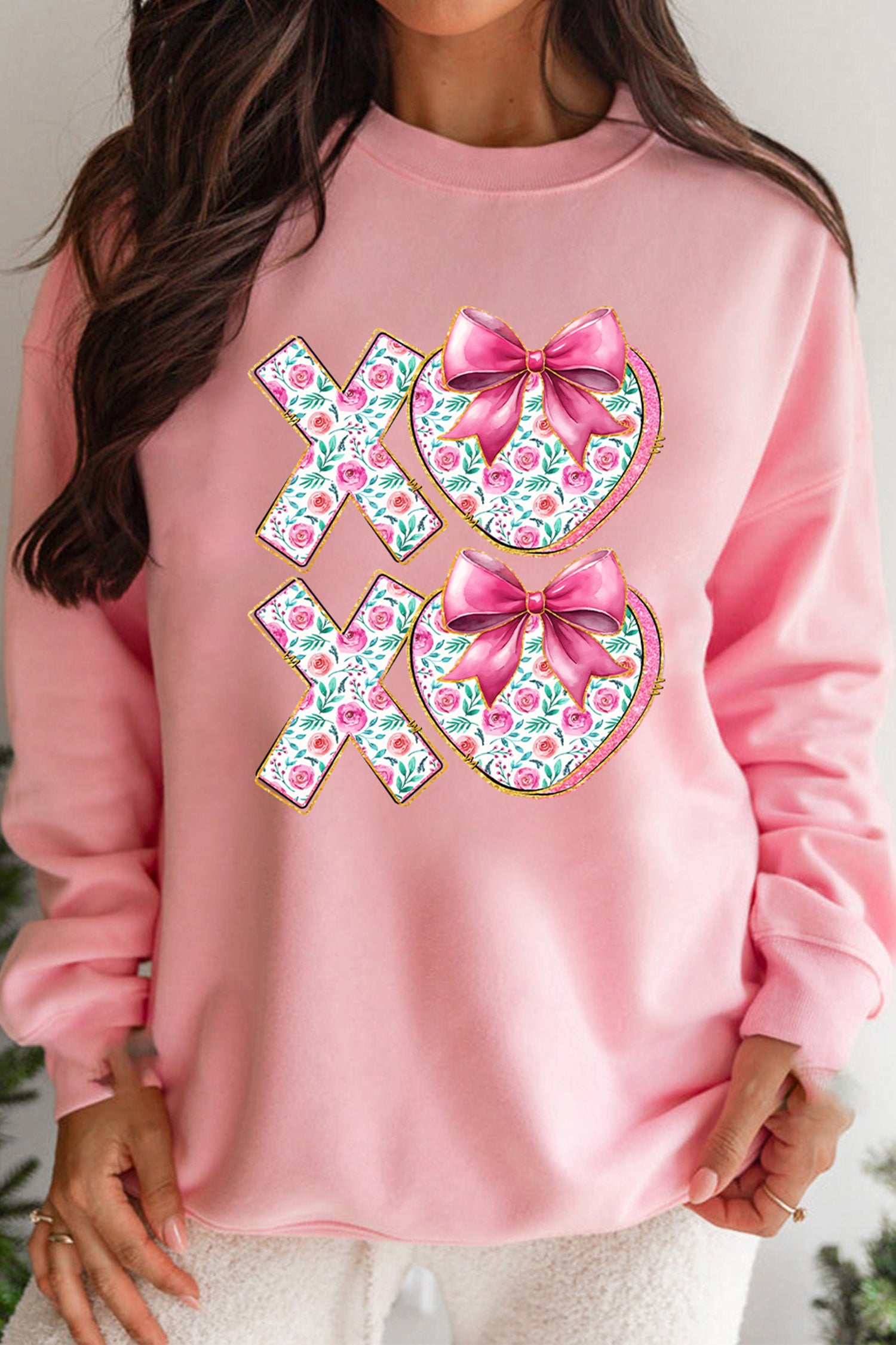 Pink Sweet Bow Floral Printed Valentines Day XOXO Sweatshirt