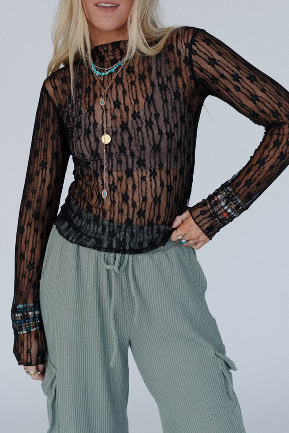 Ashleigh Blue Sheer Floral Lace Long Sleeve Slim Fit Top