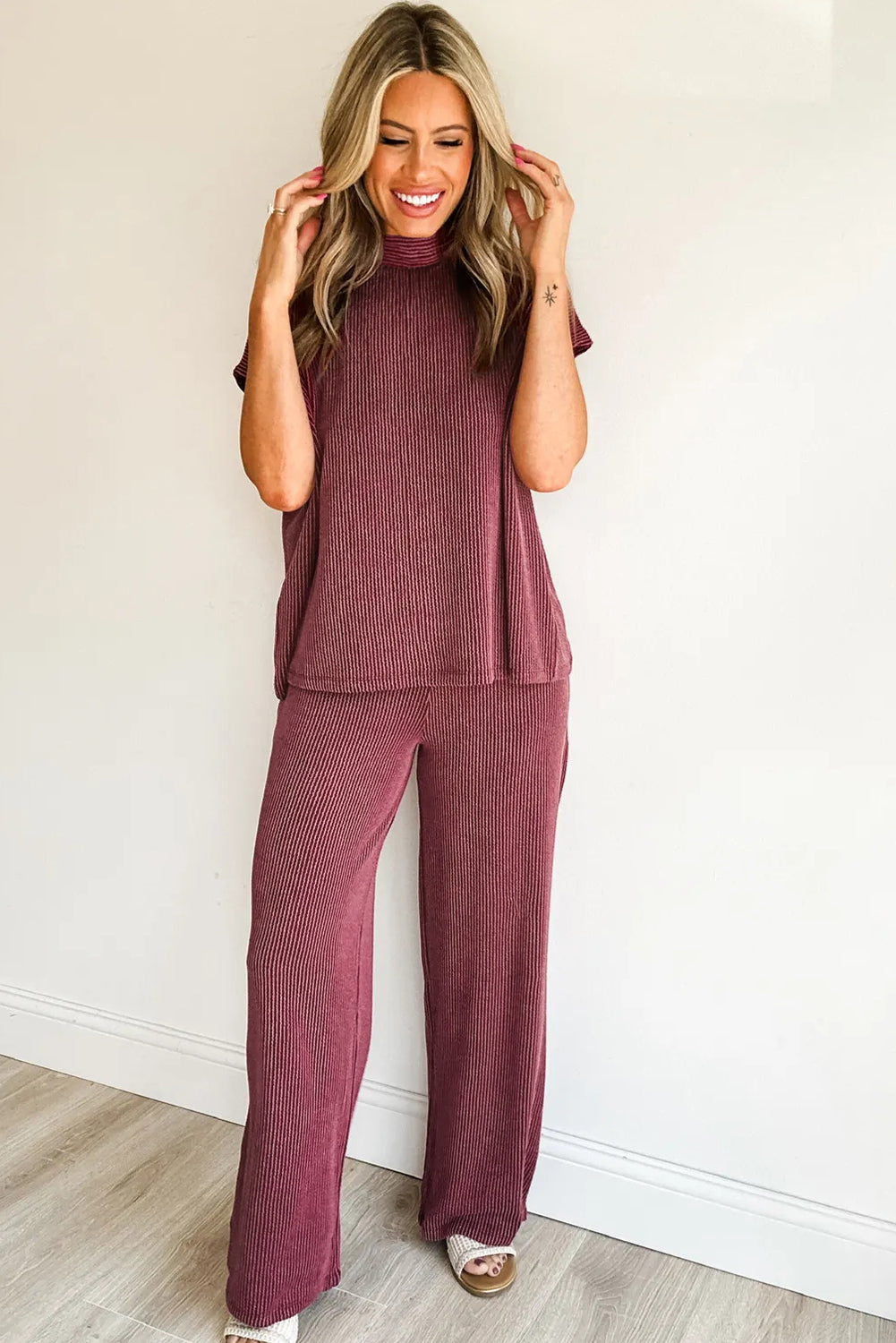 Burgundy Twisted Ribbed High Neck Loose Tee Elastic High Waist Loose Pant Set