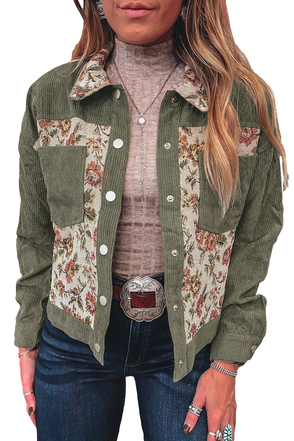 Chaqueta retro de patchwork floral acanalada verde salvia