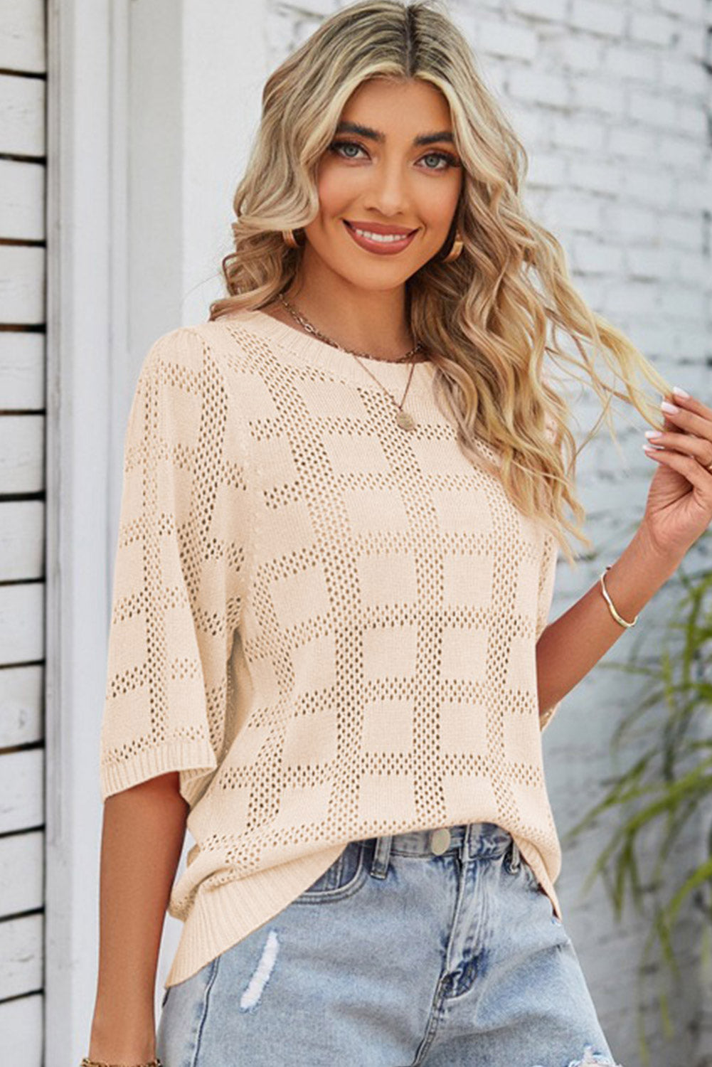 Apricot Plaid Pattern Crochet Knit Short Sleeve Sweater