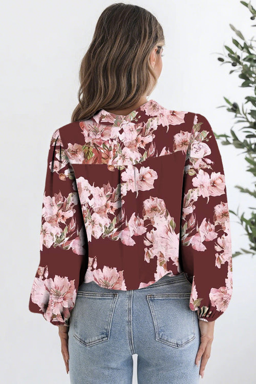 Chemise légère à manches bouffantes et motif floral marron