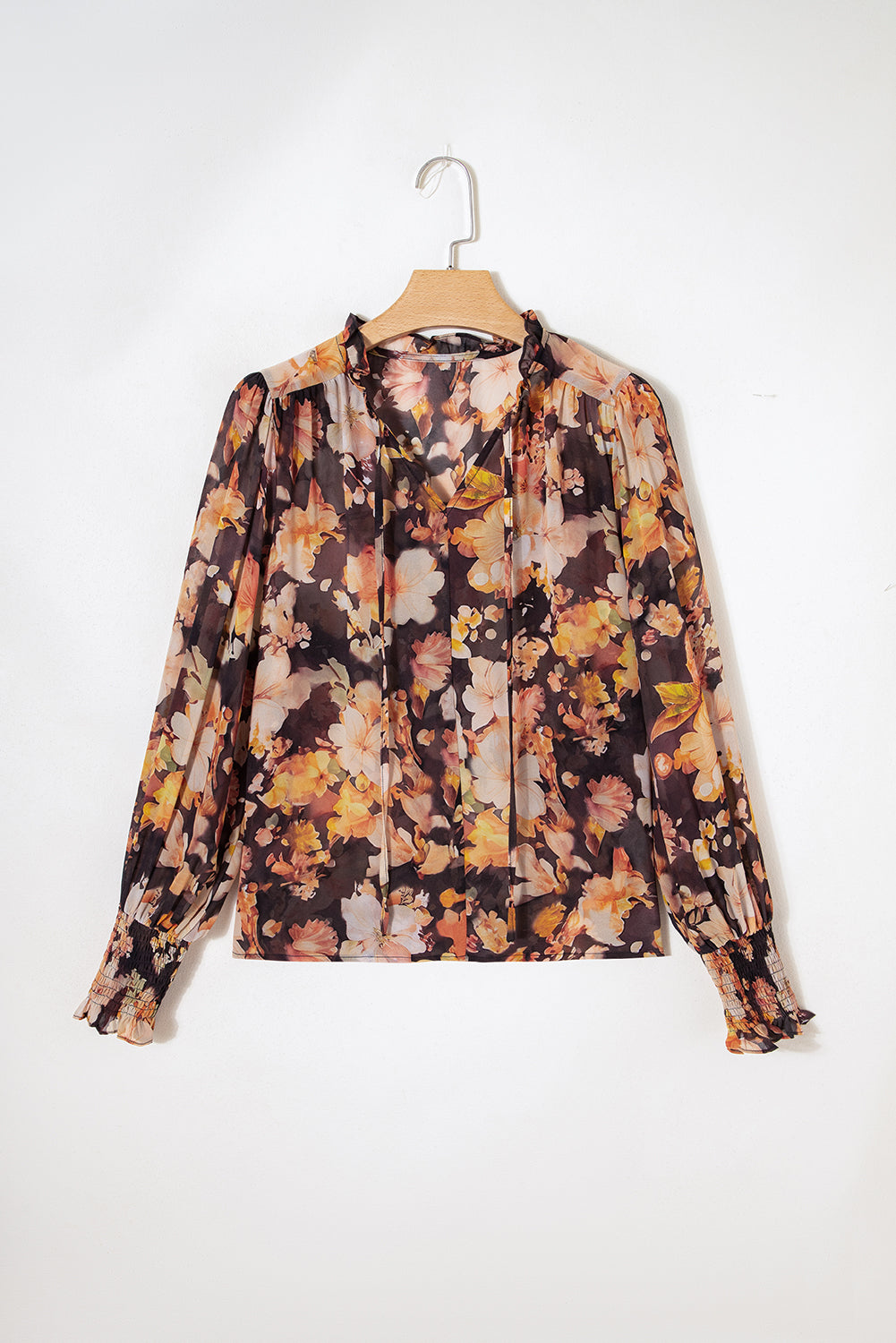 Black Floral V Neck Long Puff Sleeve Breezy Blouse