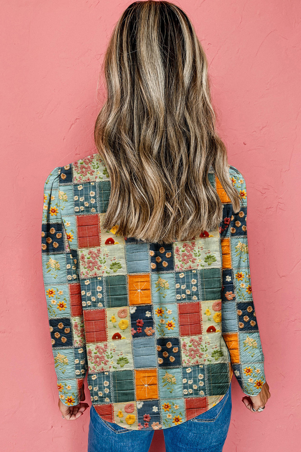 Sky Blue Fall Floral Half Placket Collared V Neck Blouse