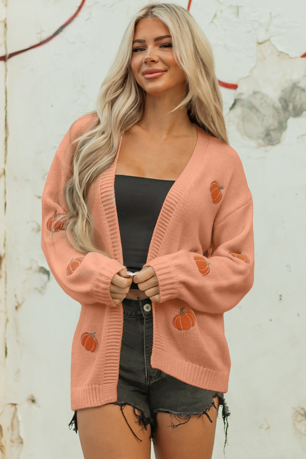 Light Pink Christmas Tree Print Open Front Drop Shoulder Knit Cardigan