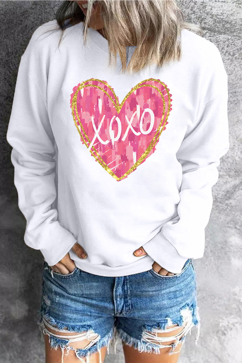 White xoxo Glitter Trim Brushstroke Heart Printed Pullover Sweatshirt