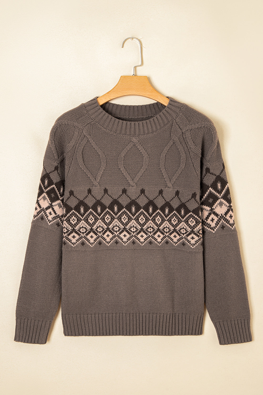 Light French Beige Geometric Pattern Crew Neck Knitted Sweater