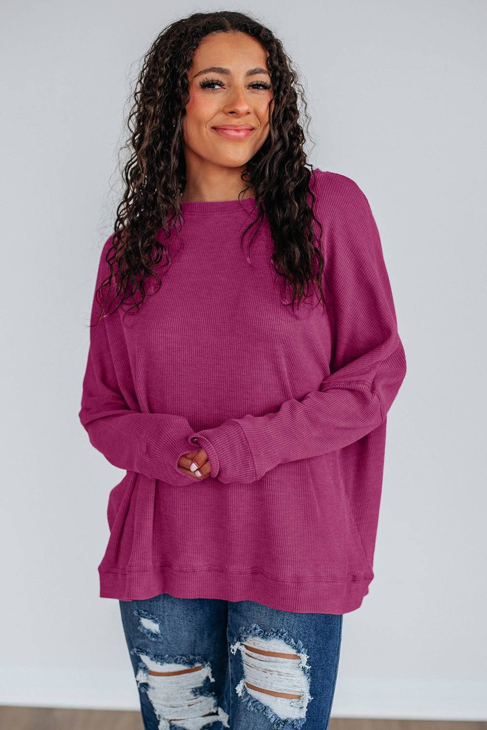 Bright Pink Ribbed Plain Long Sleeve Loose Top