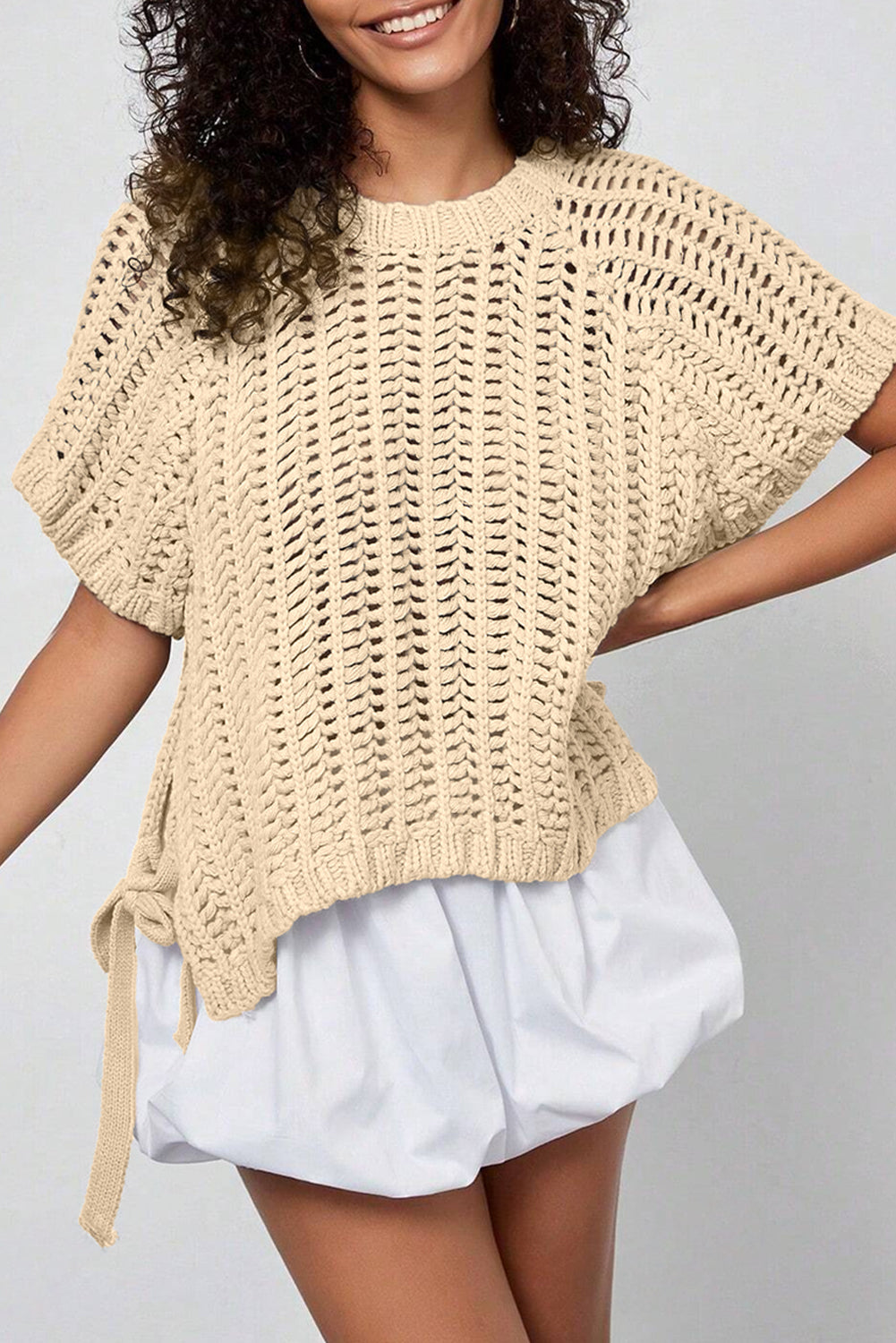White Plus Size Open Knit Bow Tie Short Sleeve Sweater